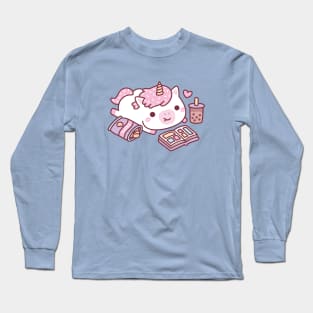 Cute Unicorn Chilling With Manga Chips And Boba Tea Long Sleeve T-Shirt